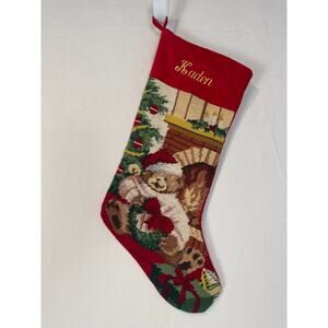 Vtg Needlepoint Christmas Stocking Teddy Bear Wool Velvet Lillian Vernon "Kaden"